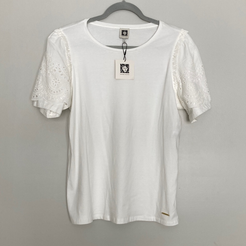 Anne Klein White Top Eyelet Short Sleeve Cotton Ruffle Spring Summer Dressy NWT